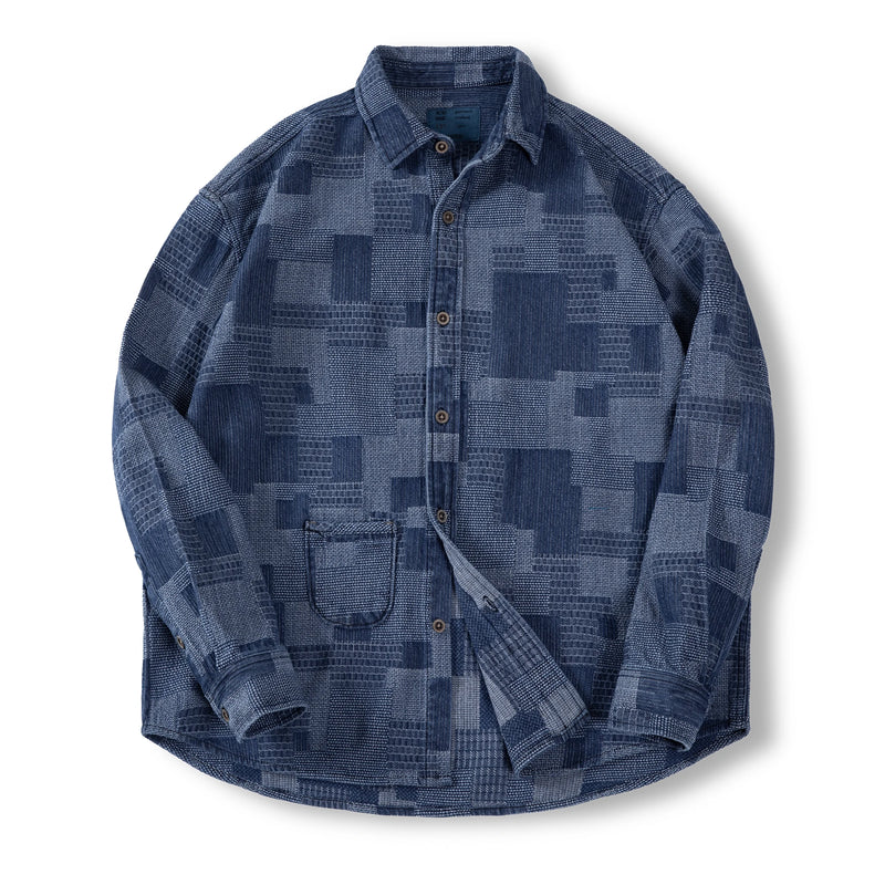 អាវ Maden Retro Boro Cloth Denim Shirts with Lapel Collar Patchwork Design Long-sleeved Shirt for Men's Spring and Autumn Tops