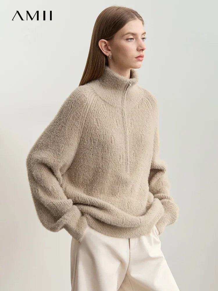អាវយឺត Amii Turtleneck មានខ្សែរ៉ូត ពាក់កណ្ដាលបើក ធ្វើពីរោមចៀមសិប្បនិម្មិត ម្ជុល អាវក្រៅ 2025 រដូវរងា សម្រាប់នារី ដៃអាវរលុង 12444266