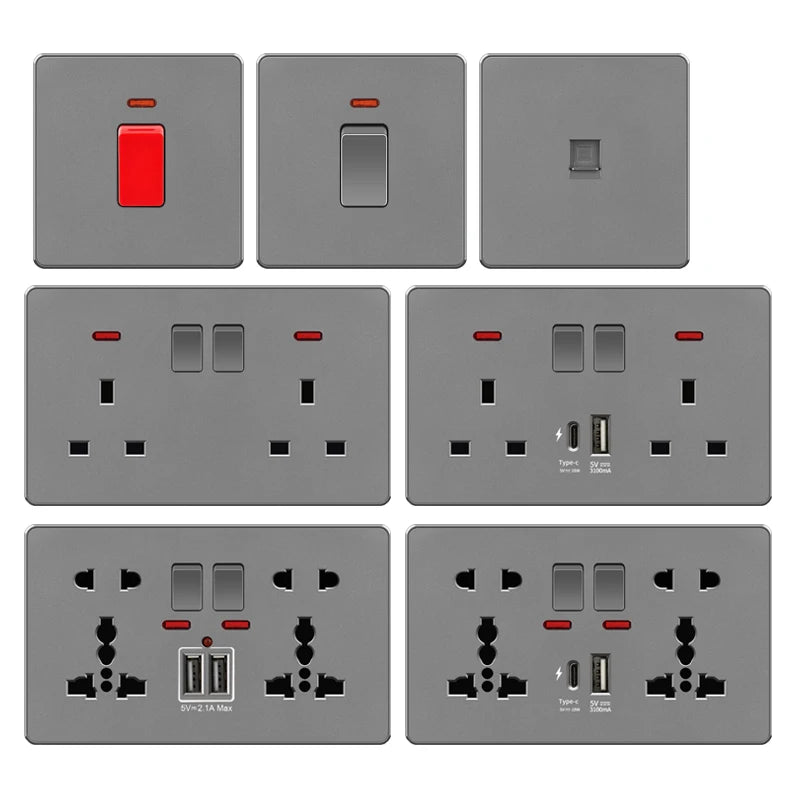 Grey UK USB Plug type c 18W Fast Charging Wall Socket, Universal 3.1A USB C socket, Water heater electrical light switch panel
