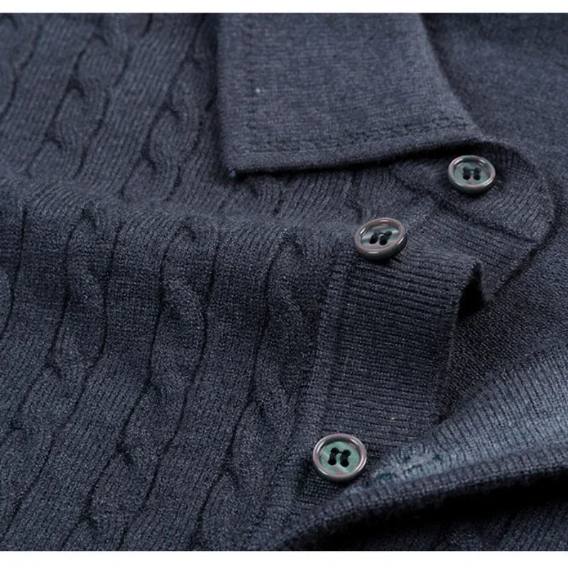 Men's Old Money Twisted Knit Solid Color Long Sleeve Polo Shirt - Business Casual Pullover Sweater for Autumn