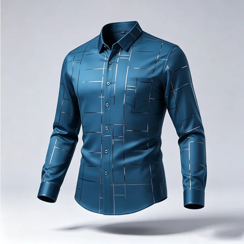 Male Spring Autumn Long Sleeve Shirts Lapel Style Wrinkle Free Fabric Geometric Line Print Chest Pocket Button Shirts