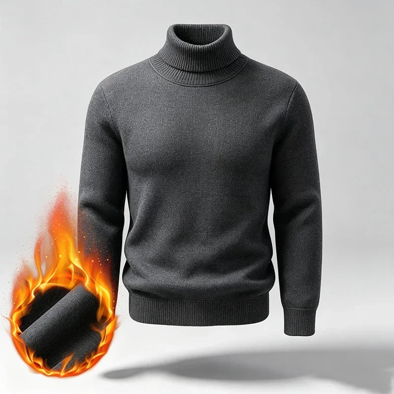 Men Fleece Lined Turtleneck Knit Sweater Ribbed Cuff Thermal Pullover For Winter Urban Daily Commute And Street Casual Outfits