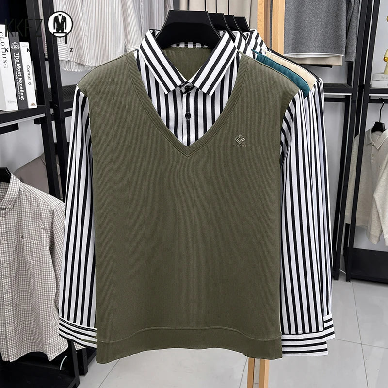 Mens Business Fake Two Piece Sweater Shirt Long Sleeve Striped Collar V Neck Pullover For Work