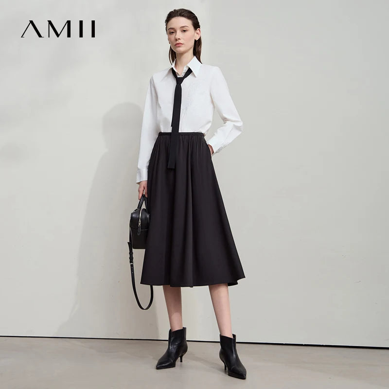 AMII 2026 សំពត់ខ្លីរាងអក្សរ A សម្រាប់នារីការិយាល័យថ្មី រលុង រឹងមាំ ចង្កេះយឺត សាមញ្ញ សំពត់មីឌីពណ៌ប្រផេះ សម្លៀកបំពាក់ខោទ្រនាប់នារី 12543108