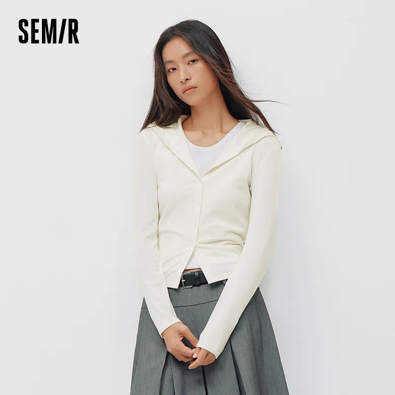 Semir Women Tshirt 2026 New Short Lace Trim Hooded Slim Fit Gentle Long Sleeve Casual Soft Comfortable Tops