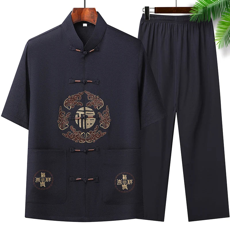 Chinese-style Men's Stand-collar Two-piece Set: A Summer Short-sleeve Shirt Paired with Cropped Pants. Red,Blue,Green,Khaki,Gray