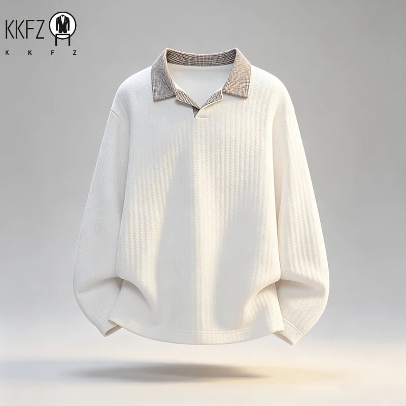 Male Rib Knit V Neck Polo Shirt Long Sleeve Contrast Plaid Collar Relax Fit Lightweight Streetwear Top