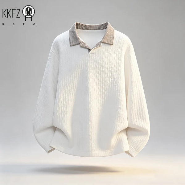 Male Long Sleeve V Neck Polo Top Vertical Texture Knit Spliced Plaid Collar Relax Fit Daily Street Garment