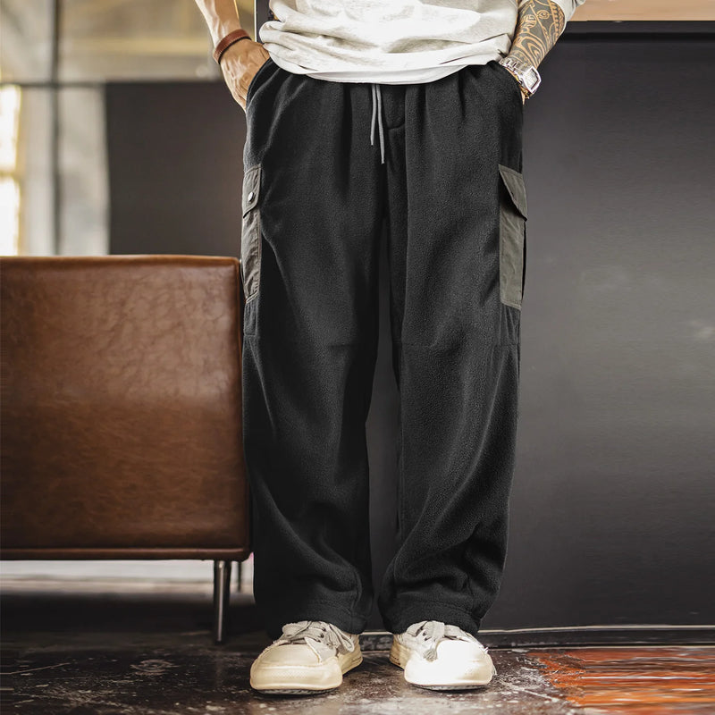 Maden Vintage Men's Brushed Fleece Sweatpants Black Cuffed Thermal Casual Pants Elastic Waist Multi-Pocket Trousers for Winter