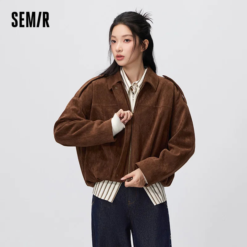 Semir Women Jacket Suede Like Short Lapel Oversize Cocoon Shape 2026 Autumn Warm Brown High Street Casual Outerwear