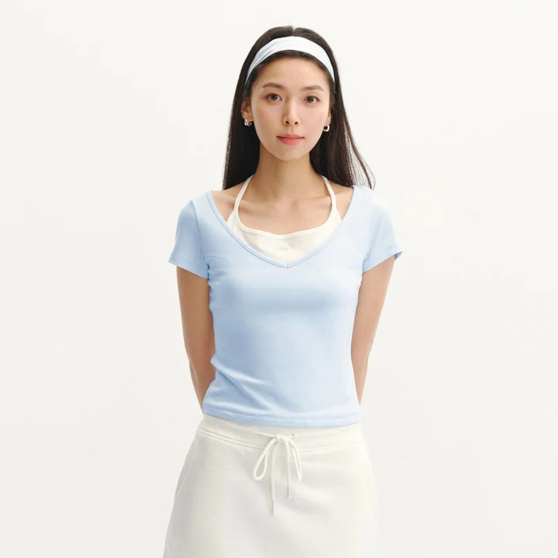 Semir Womens Tshirt 2026 Short Halter V Neck Fake Two Piece Bow Slim Rhinestone Casual Fashion