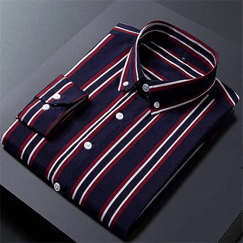 Black Striped Long Sleeve Shirt, Men's Single Breasted Shirts, with Square Collar Yellow Brown Camisas Para Hombre M-5XL