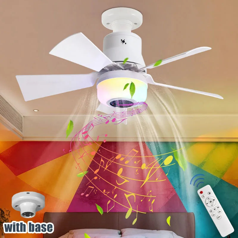 4 in 1 RGB Intelligent E27 Ceiling Fan Light 3-Speed Remote Control 5-Speed Fan with Speaker Dimming Mode for Bar Home Party