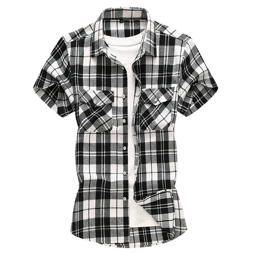 Men Red Striped Plaid Short-sleeved Shirt, Single-breasted Square Collar Cotton Shirts Summer Fashion Casual Camisa Men Chemise