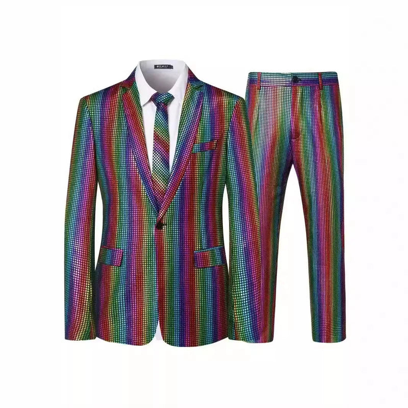 2026 Rainbow Color Men's Striped Suit Two-Piece, Fashion Suit Jacket and Pants, Green Silver Sets (Light Thin Stretch Fabrics)