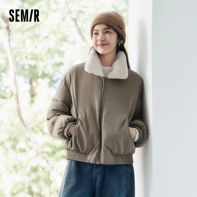 Semir Cotton Coat Women Winter Fleece Lapel Glove Loose Paneled Textured 2025 New Fashion Retro Casual Cotton Jacket