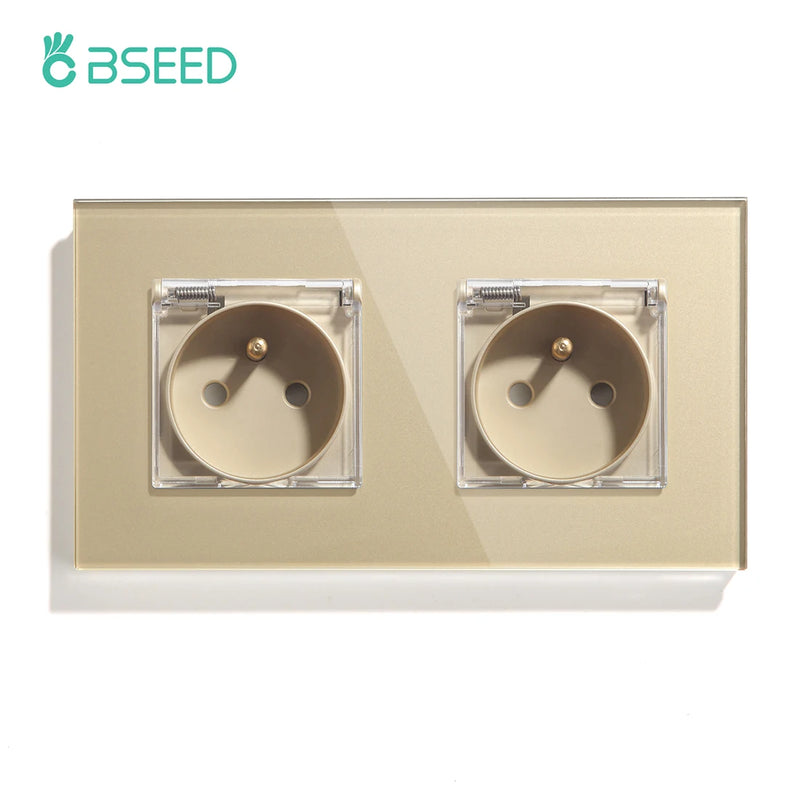 BSEED FR Standard Single Socket With Waterproof Cover Double Wall  French Outlets Triple Power Plugs 16A Glass Panel 110-250V