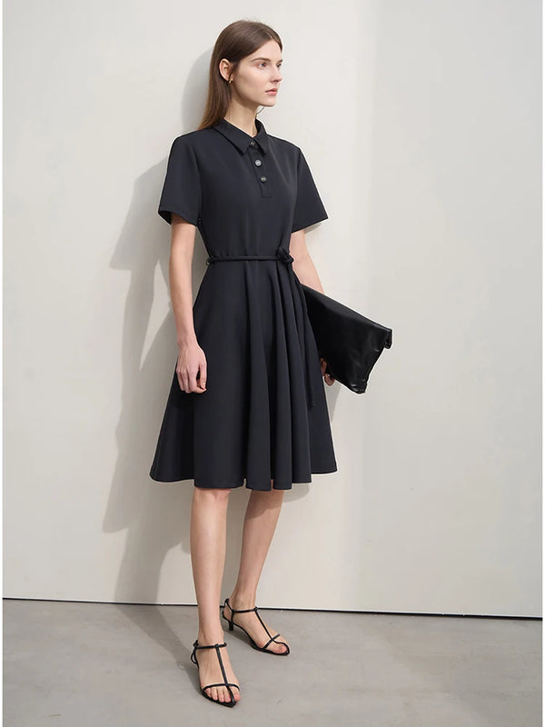 រ៉ូបថ្មី Amii Minimalism រដូវក្តៅឆ្នាំ ២០២៤ សម្រាប់ស្ត្រី POLO កអាវពាក់កណ្តាល Placket ដៃខ្លីជាមួយខ្សែក្រវ៉ាត់ រ៉ូប A-Line ស្ដើង 12442093