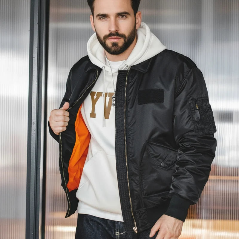 Maden Mens CWU-45P Bomber Jackets Autumn and Winter Windproof Thickened Coat Orange Lining High-density Waterproof Fabric Jacket