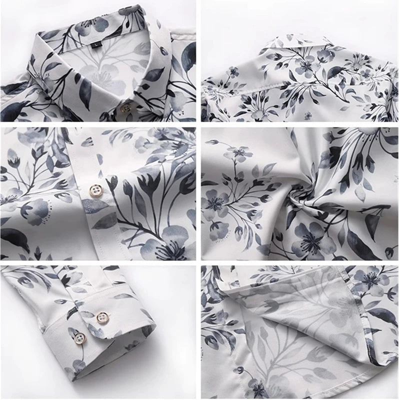 Asian Size Small Stretch Men' Long Sleeve Printed Shirts, Fashion Casual Flower Shirt, Single Breasted Square Collar Tops Camisa