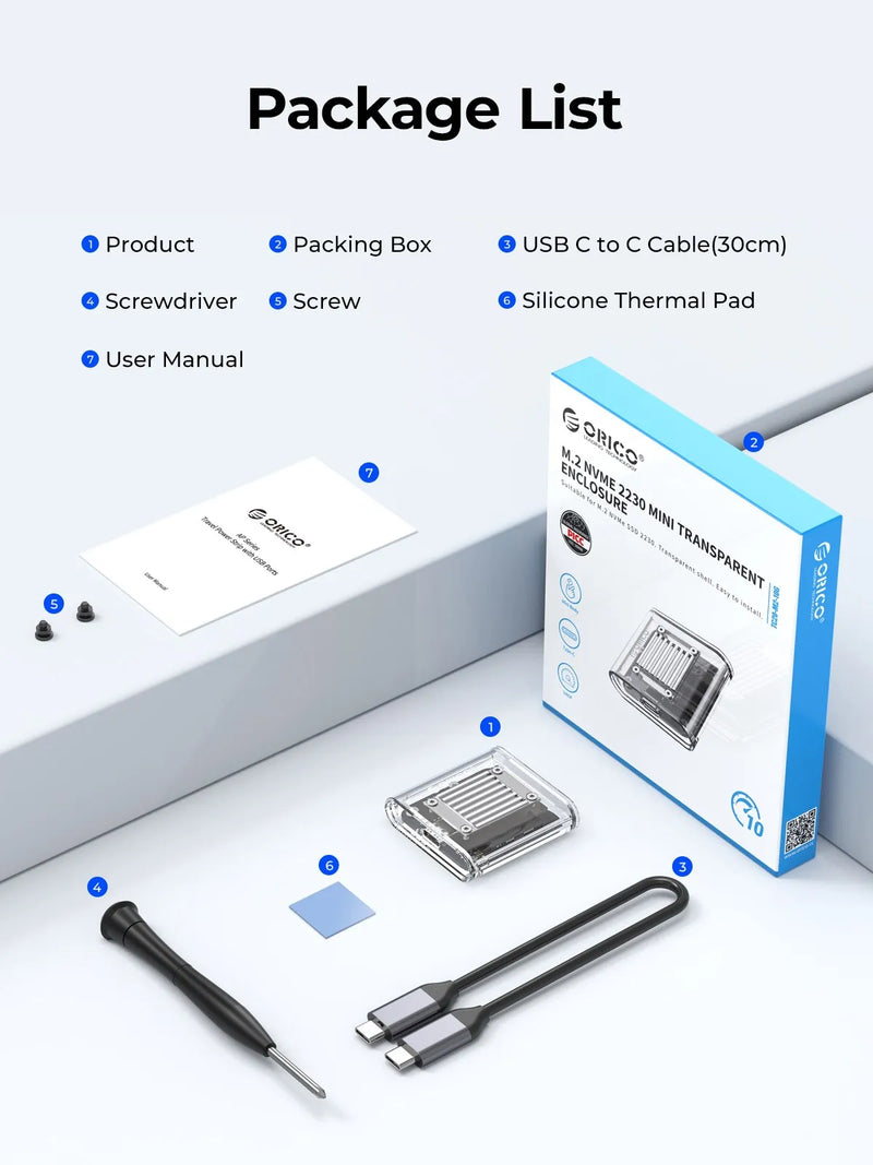 ORICO 2230 M.2 SSD NVMe Enclosure 10Gbps Case M.2 to USB Type C Transparent External Adapter PCIe SSD for Steam Deck PS SN750