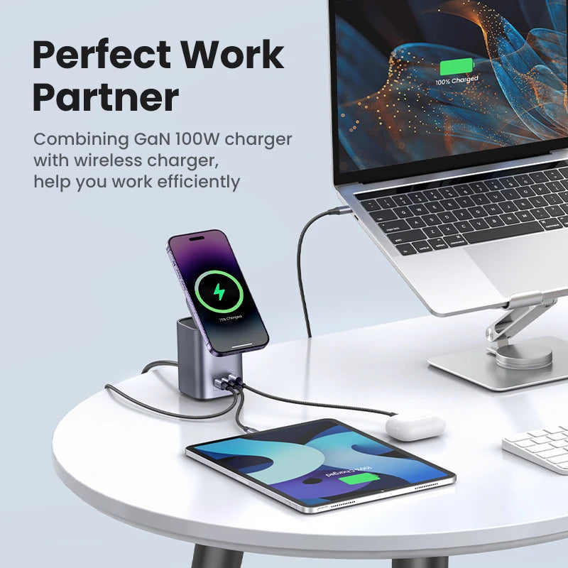 UGREEN GaN 100W Desktop Charger MFi Magnetic Wireless Charger for iPhone 17 16 15 Fast Charger Power Station for Laptop Notebook