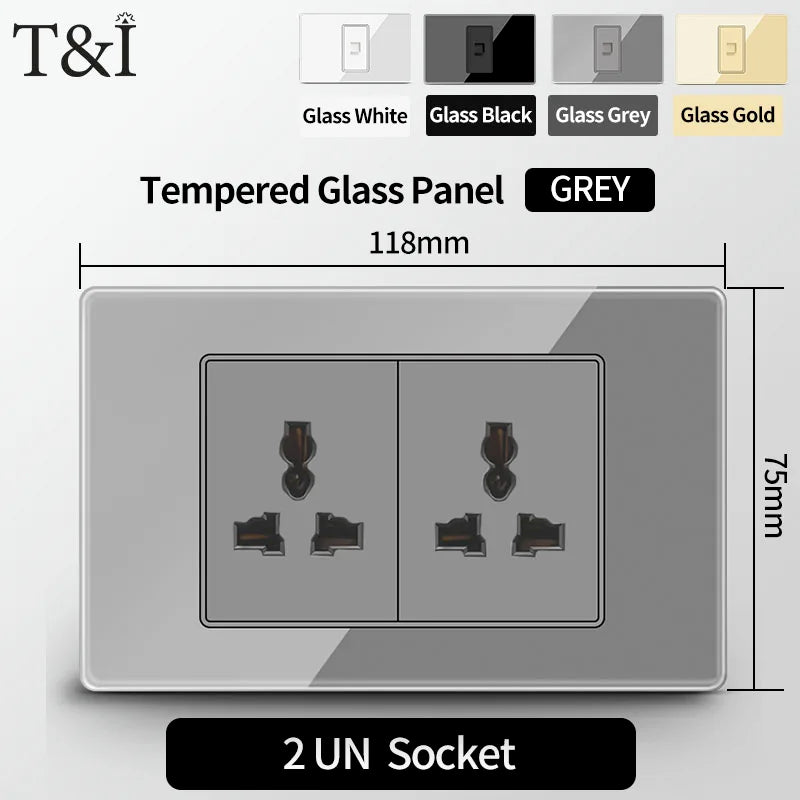 T&I Wall Switch Sockets With USB TypeC  Fast Charging, Italy Socket , Chile Schuko Outlet, Tempered Glass Panel for Home