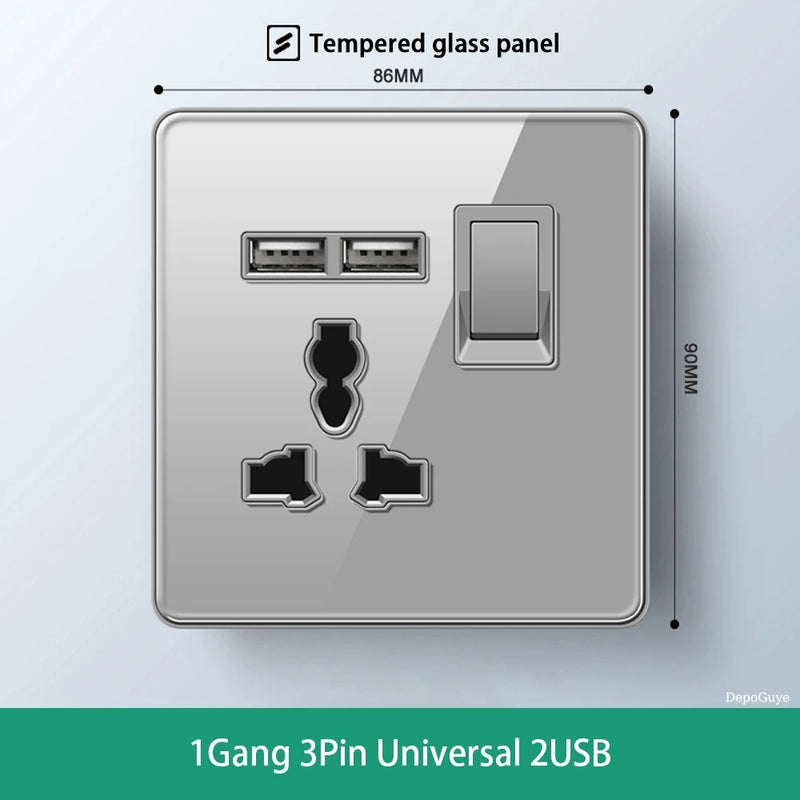 Deluxe Grey Tempered Glass Panel UK 13A Plug Electrical Socket, Double 5 Pin Socket and Switch, EU Universal USB C Wall Socket