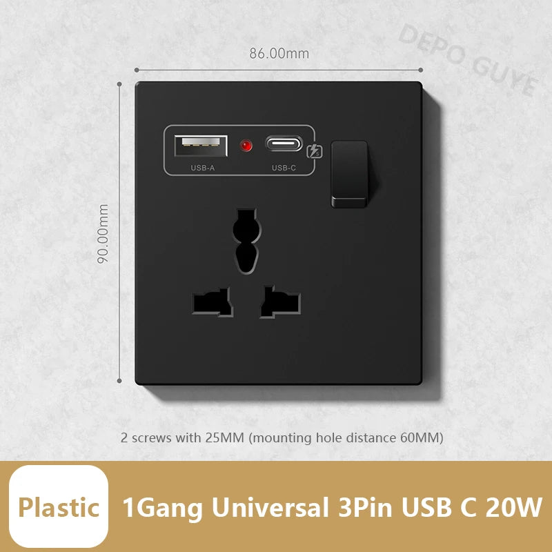 Universal 20W Type-C Wall Quick charge Socket,Dual Switch control Universal Power outlet,White UK Standard USB Interface Socket