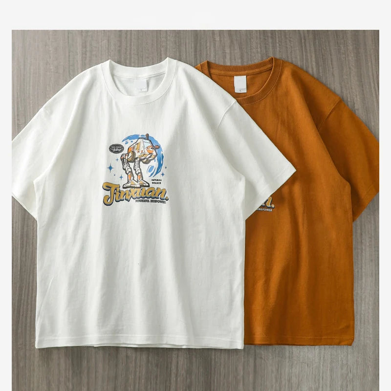 Dukeen 320g Heavyweight Oversized Short-Sleeved T Shirt Men Summer Plus Size Cotton Robot Printing Tees Couples