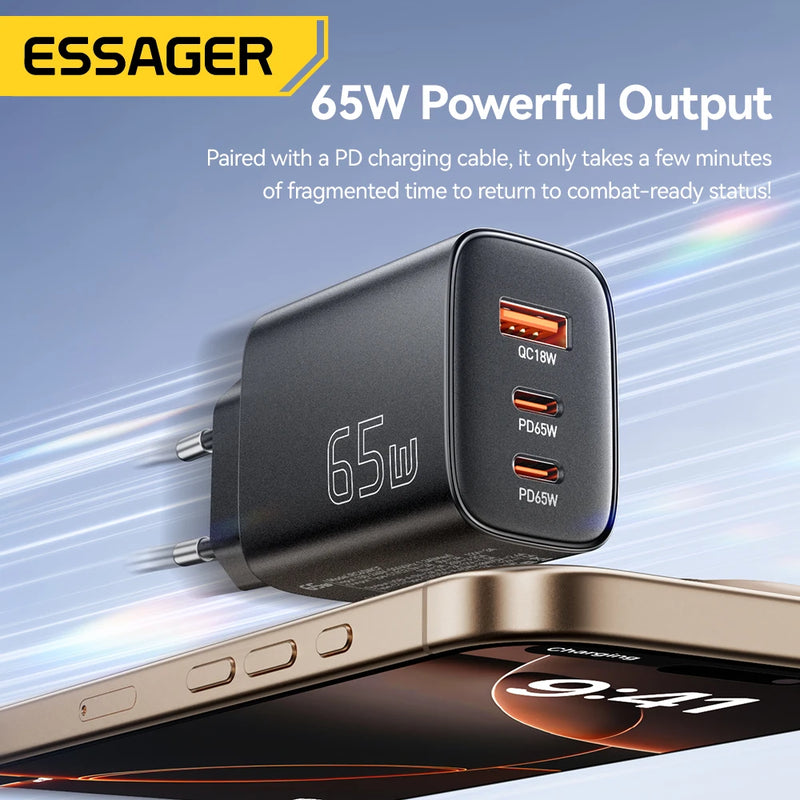 ឆ្នាំងសាក Essager 65W GaN ឆ្នាំងសាក Quick Charge 4.0 USB C សម្រាប់ iPhone 17 16 15 Pro Max កុំព្យូទ័រយួរដៃ Macbook Air ថេប្លេត PD ឆ្នាំងសាកលឿន