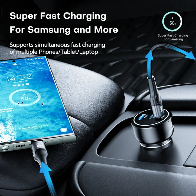 ឆ្នាំងសាករថយន្ត 138W USB Type C រន្ធពីរ USB ឆ្នាំងសាកទូរស័ព្ទលឿន PD សាកថ្មលឿនសម្រាប់ iPhone 14 Samsung Xiaomi iPad កុំព្យូទ័រយួរដៃ ថេប្លេត