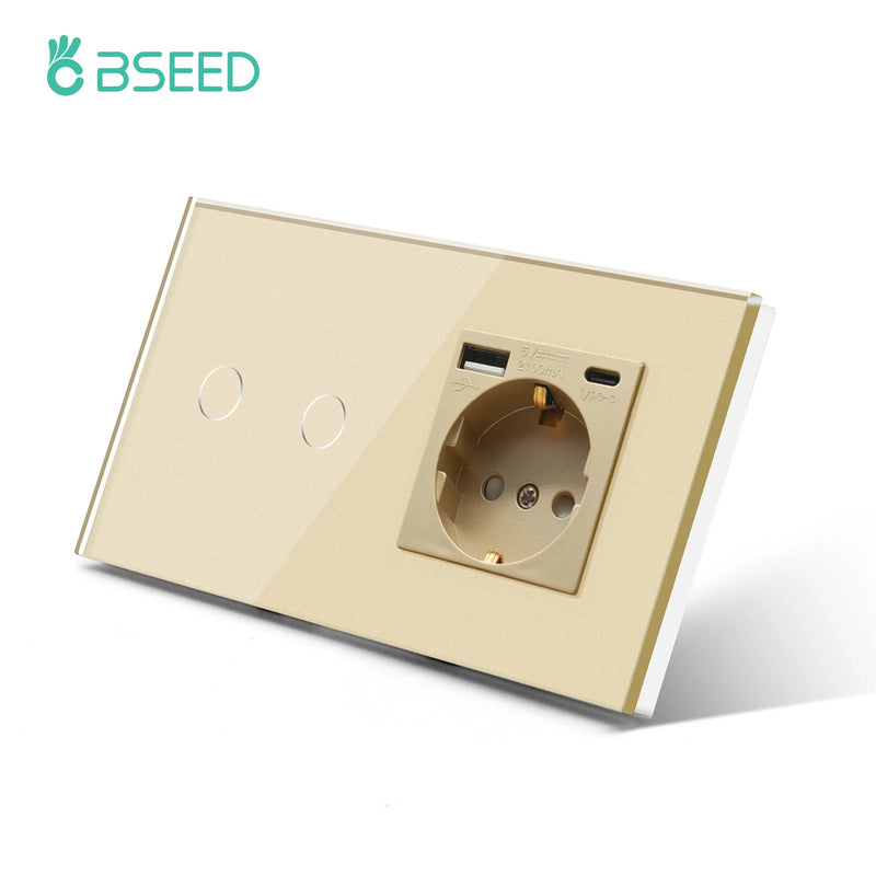 BSEED EU Wall Sockets Single Power Outlet Double Glass Frame USB Type-C Charge Ports Triple Socket Plugs Kids Protection 16A