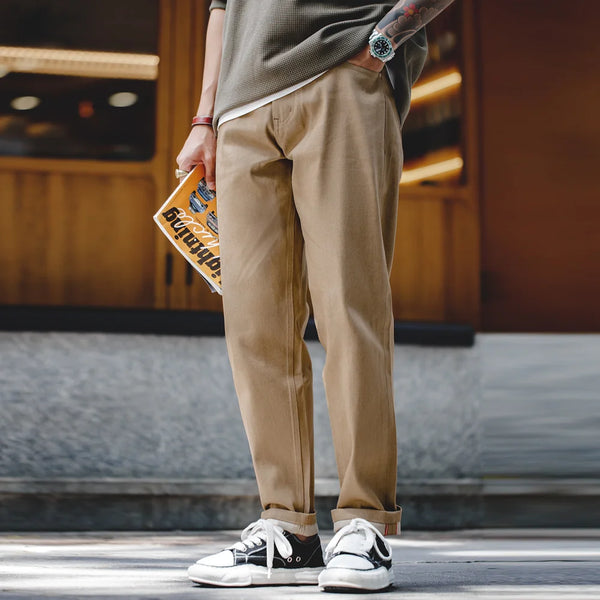 Maden Men Khaki Raw Jeans 11.7OZ Redline Selvedge Denim Jeans Amekaji Straight Pants Male Casual Pants Hombre Solid Pants