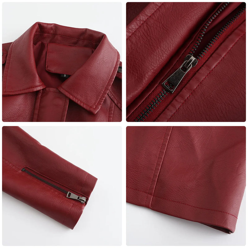 Women's Red Long Waist Lace-up Leather Jacket,2026 New Black Lapel PU Windbreaker Jacket Fashion Female Single-breasted Overcoat