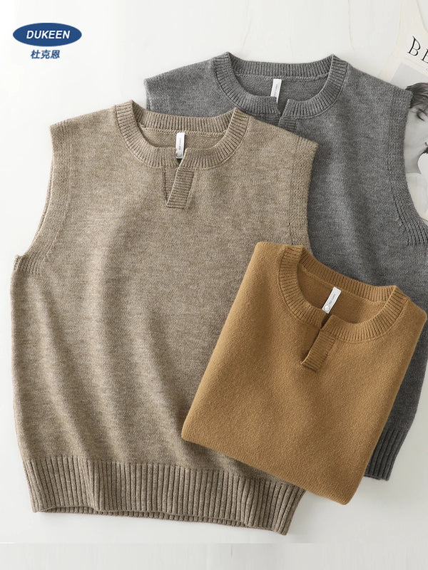 DUKEEN Classic Men's Sleeveless Sweater Vest Autumn Winter Solid Color Preppy Pullover Vest Business Casual Split Neck Knitwear