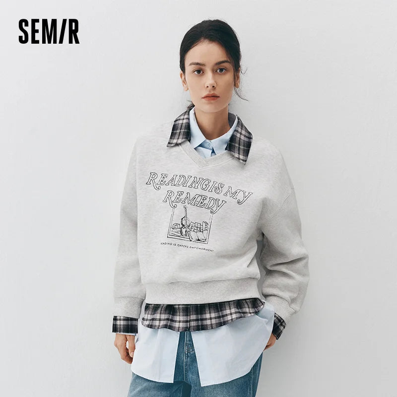 Semir Women Sweatshirt Fleece Lined Layered Look Turn Down Collar Retro Style 2026 Winter Warm Layer Everyday Wear