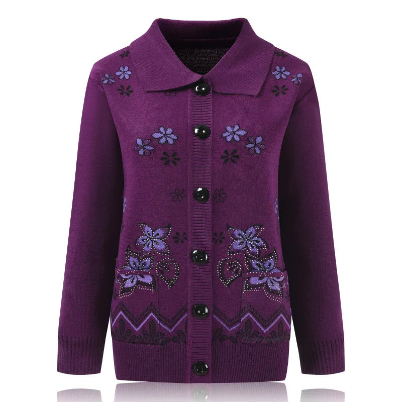 Print Mother Sweater Cardigan Top 60-80 Years Old Middle-Aged Elderly Women's Woolen Jacket Spring Autumn Knitted Shirt