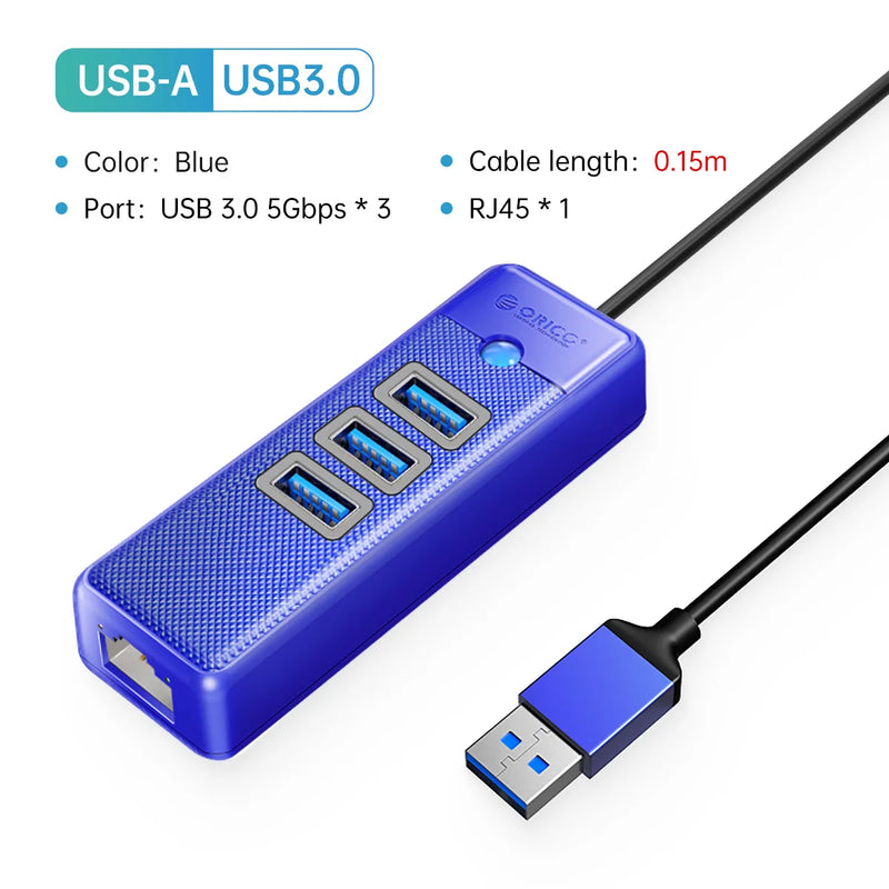 ORICO 3 Ports 5Gbps USB 3.0 RJ45 HUB 1000Mbps Ethernet Lan Adapter Gigabit Network Card For MacBook Laptop Computer Accessories
