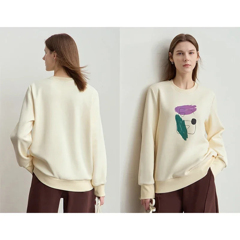 AMII Minimalism Casual Sweatshirt For Women 2026 Winter New Print Fleece Loose Elastic O-Neck Thick Long Sleeve Tops 12424053