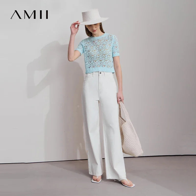 អាវយឺតប៉ាក់ Amii Minimalist សម្រាប់នារី កមូល 2025 រដូវស្លឹកឈើជ្រុះ ដៃខ្លី ក្រូម រាងប្រហោង អាវរលុង ស្រស់ស្អាត 12541165