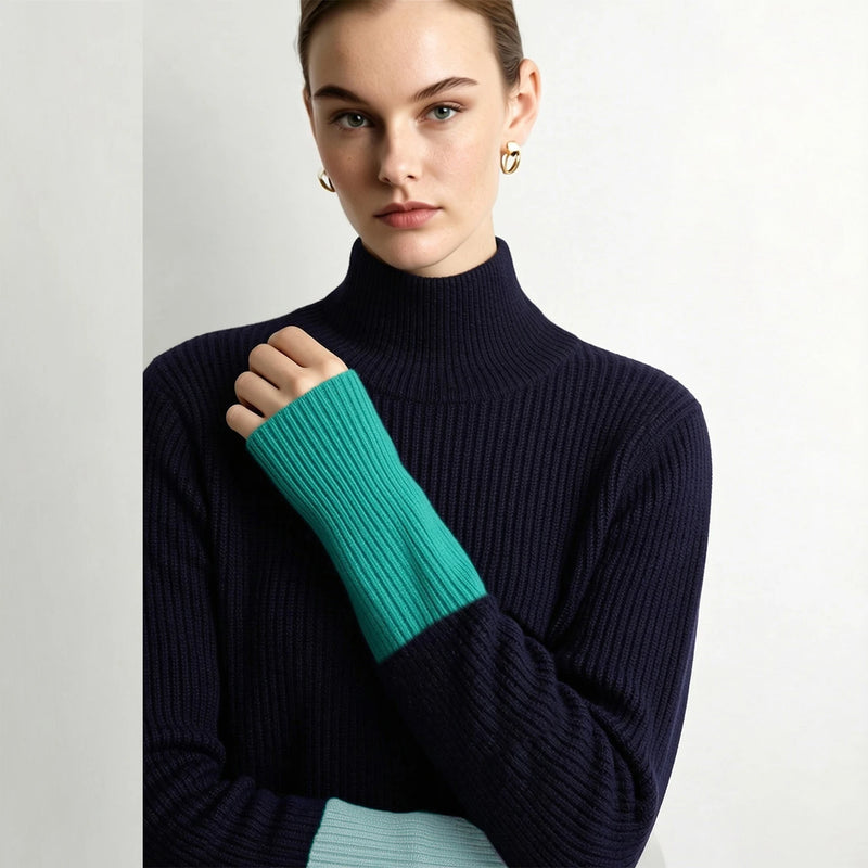 Amii Turtleneck Sweater Color Block Drop Shoulder Loose Fit Knit Tops Minimalist Commuter 2026 Winter Women's Clothing 12654040