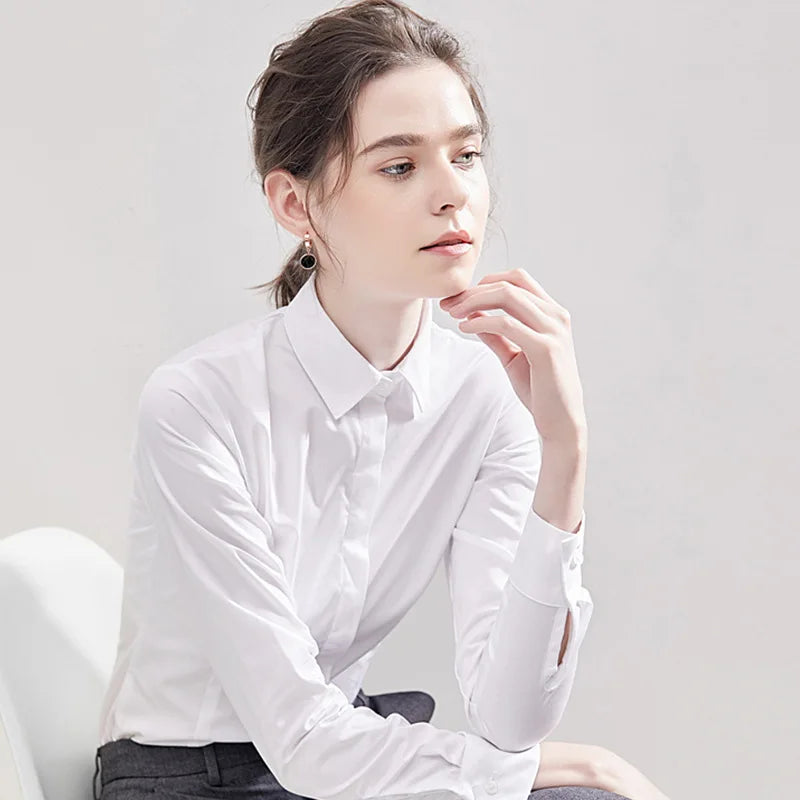 Women's White Collared Long-Sleeved Shirt, Solid Color Business/Office Non-Iron Wrinkle-Resistant Shirts. Black, Gray, Blue Tops