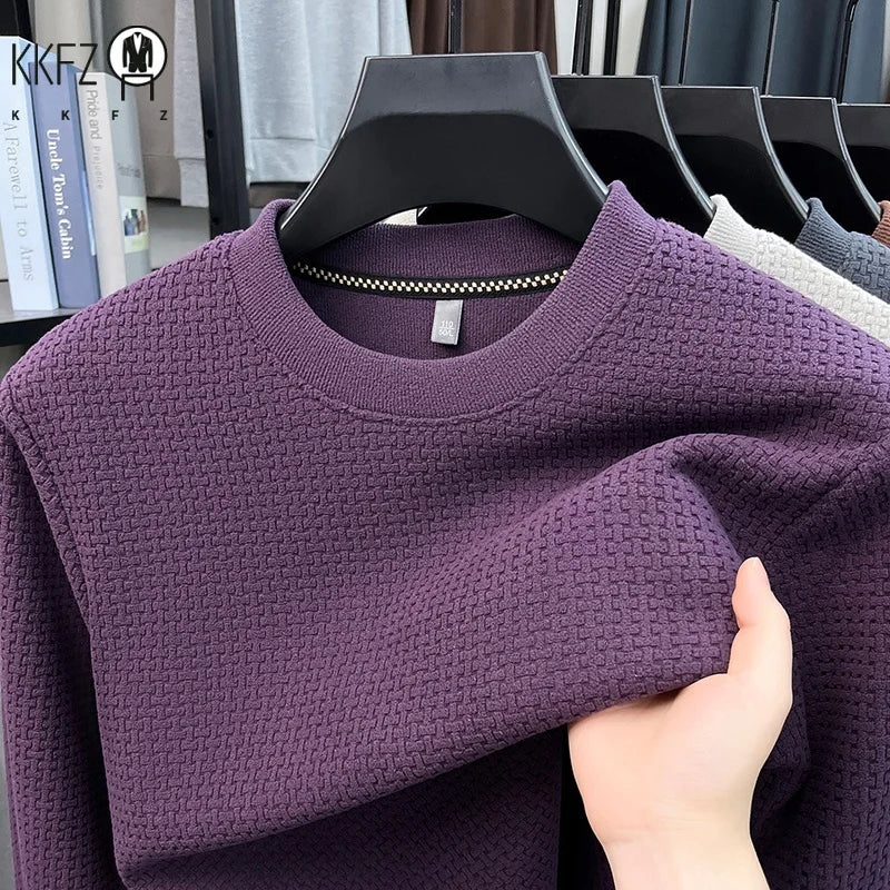 Mens Casual Stretch Long Sleeve Pullover Top Crew Neck Waffle Knit Texture Shirt Breathable Fabric Daily Wear