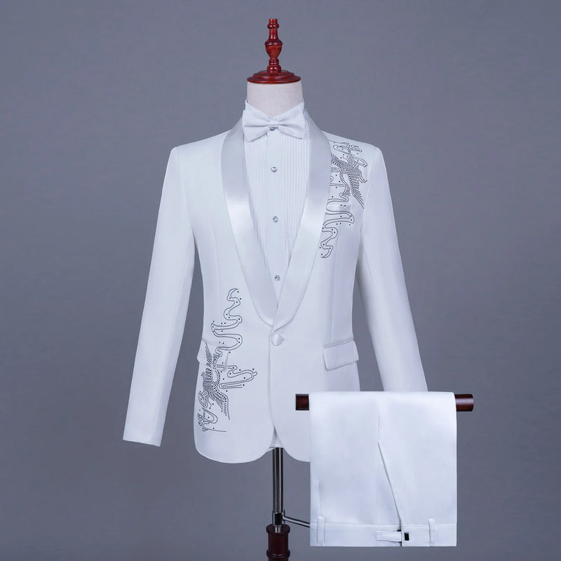 Men's Black Tuxedo Set with Diamond Embellished Jacket and Matching Trousers in White for Choirs/Stage Performances/Weddings