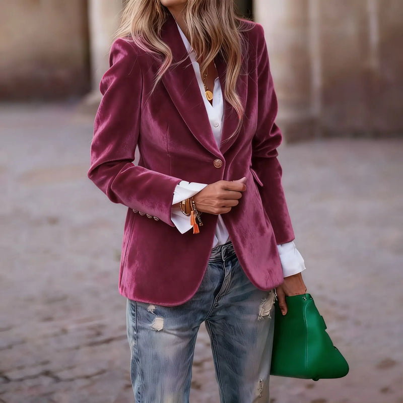 Elegant Women's Long-sleeve Blazer, A V-neck Jacket Made of Corduroy. Available in Black,Purple,Brown,Yellow,Red,Blue,Green,Gray