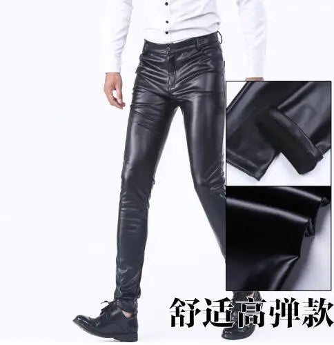 2026 Bright Green Men's Biker Leather Pants, Fashion Slim Stretch PU Pants Red Blue Black Gray Men Pant Plus Size 28-36 38 40