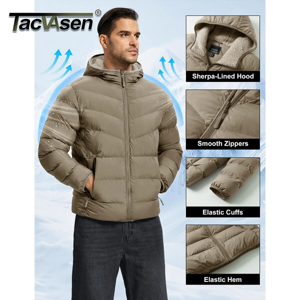 TACVASEN Mens Sherpa Lined Puffer Jacket Quilted Full-Zip Water Resistant Windproof OutShell Zippered Pockets Fleece Warm Coat
