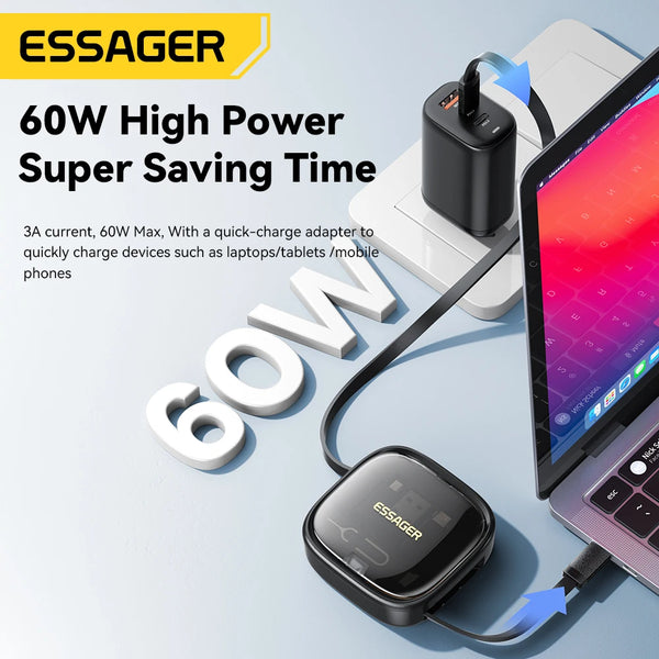ខ្សែ Essager USB C ទៅ Type-C PD 60W ទៅ Micro Lighting សាកថ្មលឿន ទិន្នន័យធ្វើដំណើរ ខ្សែពហុមុខងារ ជាមួយប្រអប់ផ្ទុកសម្រាប់ដាក់