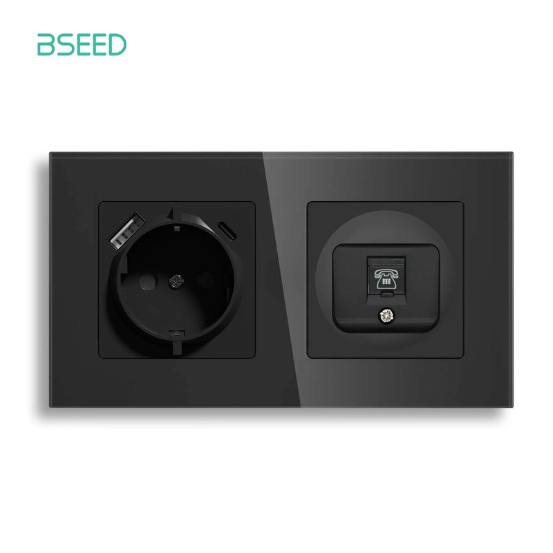 BSEED EU Standrad Wall Power Socket RJ45 Internet Socket Telephone Port Cat6 Socket Glass Panel TV Satellite Electrical Outlets